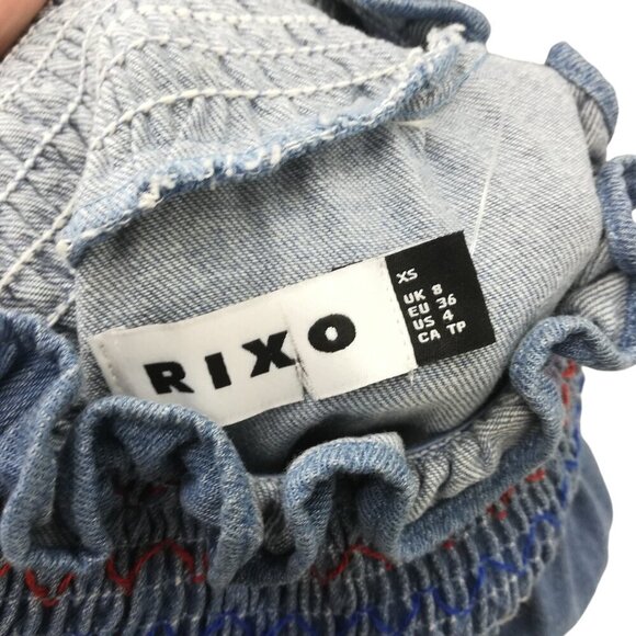 Rixo Azalea Smocked Denim Puff Sleeve Ruffle Mini Dress Size XS US 4 Prairie - Picture 12 of 13